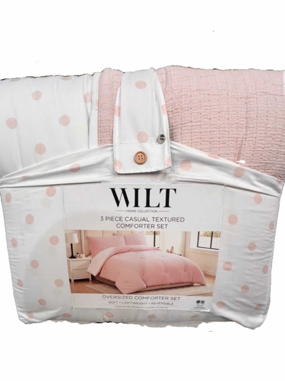 Wilt 3 Piece Casual Textured Reversible Pink Queen Comforter Set 90”x90”